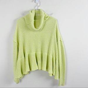Free People Key Lime Green Cropped Trapeze Hem Knit CowlNeck Sweater Size XS
